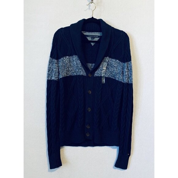 Tommy Hilfiger Sweater Mens Small Cable Knit Shawl Collar Grandpa Cardigan Blue - Picture 1 of 5